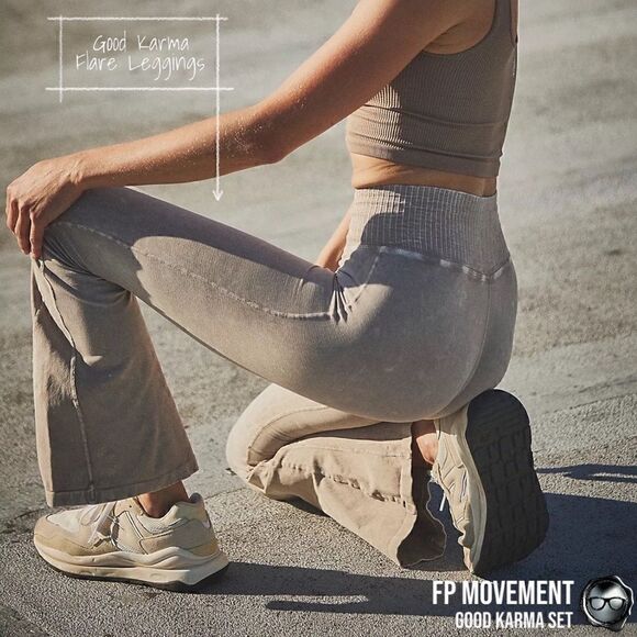 FP MOVEMENT GOOD KARMA SET: CROP TANK BRA + FLARE LEGGINGS IN MUSHROOM & GREEN - Picture 12 of 15